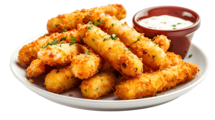  A plate of golden, crispy mozzarella sticks, with ranch dressing dipping cup on the side, transparent background