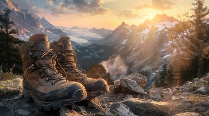 Hiking shoes on a rocky mountain path at sunrise, ultra-detailed, capturing the worn texture and surroundings realistic