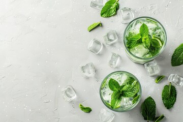 Mojito or virgin mojito long rum drink with fresh mint, lime juice, cane sugar and soda