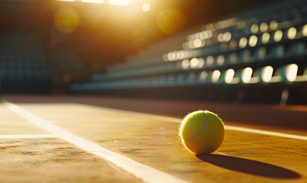 Close up Tennis ball with on the court with copy space. Background for banner, flyer, advertisement. Empty tribune on the tennis court.