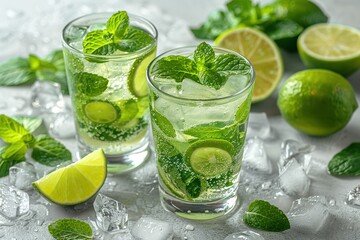 Fototapeta premium Mojito or virgin mojito long rum drink with fresh mint, lime juice, cane sugar and soda