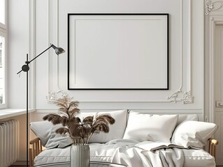 ISO A paper size frame mockup in a japandi style living room Frame hangs on a softtextured wall