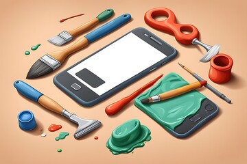  Tools for repair and restoration work. Equipment for painting redesign design. Vertical advertising of phone applications. Online tool shop. Realistic illustration in plasticine style design. 