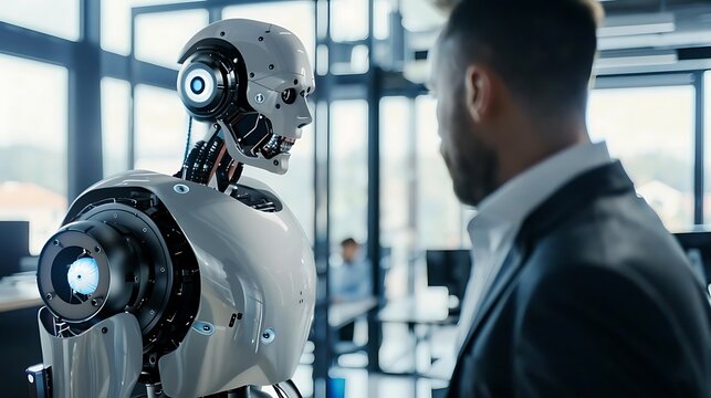 The photo depicts a humanoid robot having a conversation with a human in a modern office setting.