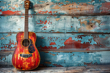 Vintage acoustic guitar leaning against a weathered, painted wooden wall. Artistic photograph of a musical instrument. Music and rustic decor concept. Design for posters, album covers, and music-theme