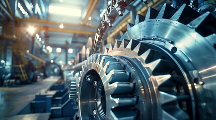 Fototapeta premium The photo shows a close-up of a large, complex machine with many metal gears and other components.
