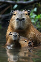 A mother and two babies in a river with some trees. AI.