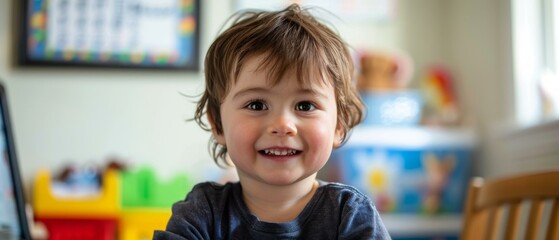 A young boy smiling while sitting on a table with food. AI.