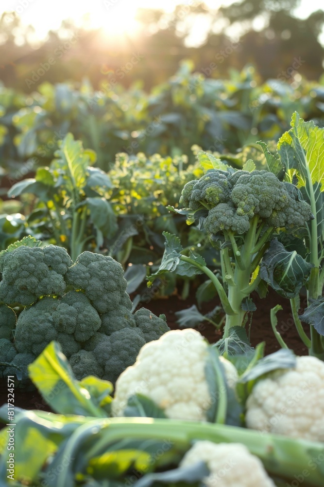 Wall mural a field of broccoli and cauliflower growing in the sun. ai.