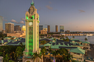 Exposure of the Aloha Tower at sunset, located on the Honolulu Harbor in Downtown Honolulu, about...