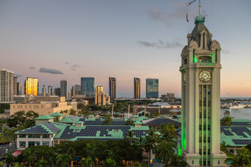 Exposure of the Aloha Tower at sunset, located on the Honolulu Harbor in Downtown Honolulu, about 15 minutes west of Waikiki, Aloha Tower is an iconic symbol of Hawaii. © Paulo