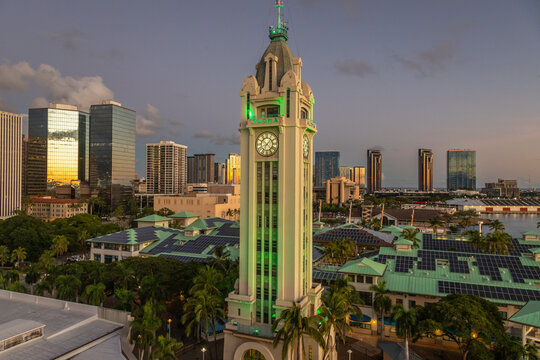 Exposure of the Aloha Tower at sunset, located on the Honolulu Harbor in Downtown Honolulu, about 15 minutes west of Waikiki, Aloha Tower is an iconic symbol of Hawaii.