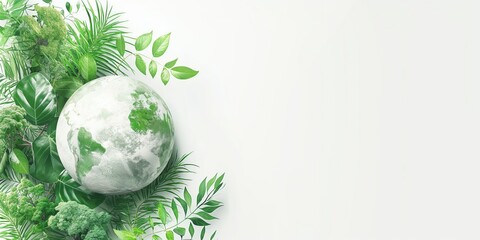 A digital composite image featuring a 3D world globe surrounded by lush greenery on a clean white background - Powered by Adobe