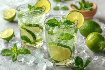 Fototapeta premium Mojito or virgin mojito long rum drink with fresh mint, lime juice, cane sugar and soda
