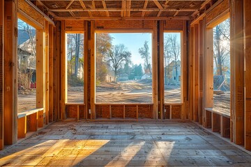 A room with windows and wood framing.