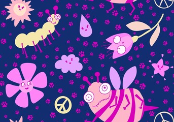 Cartoon summer print seamless bee and flower and sun and clouds and peace sign