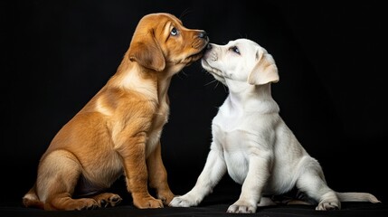 Two labrador puppies kissing on a black background.