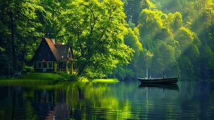 A boat sits on the water near a forest.