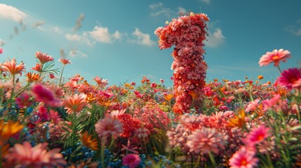 Under the blue sky, a giant pink number one floats in a flower garden decorated with colorful flowers