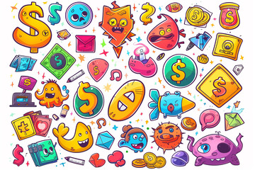 Set of Cartoon Money Icons on White Background