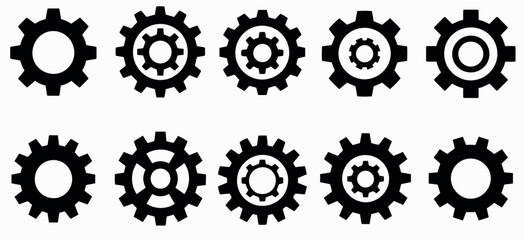 gear icon collection, black icons on white background, gear silhouettes, vector illustration