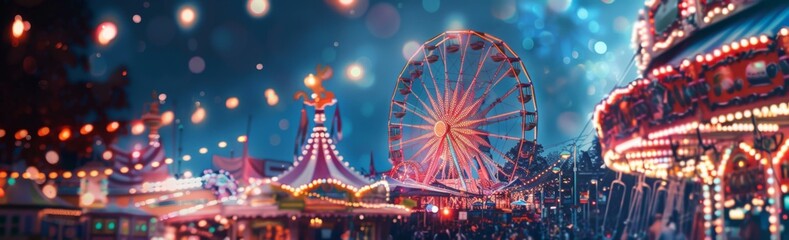 A carnival with ferris wheel and lights at night. Generative AI.