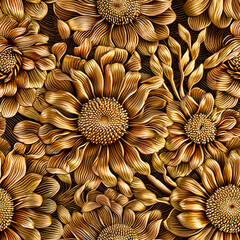 Seamless metallic golden flowers pattern, fantasy luxury background. Generative ai