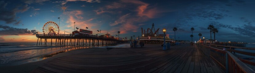 Fototapeta premium A pier with ferris wheel and a sunset in the background. Generative AI.