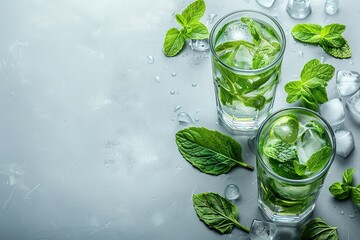 Mojito or virgin mojito long rum drink with fresh mint, lime juice, cane sugar and soda