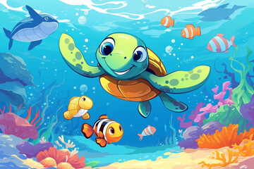 Obraz premium Cartoon Turtle Swimming With Fish and Corals