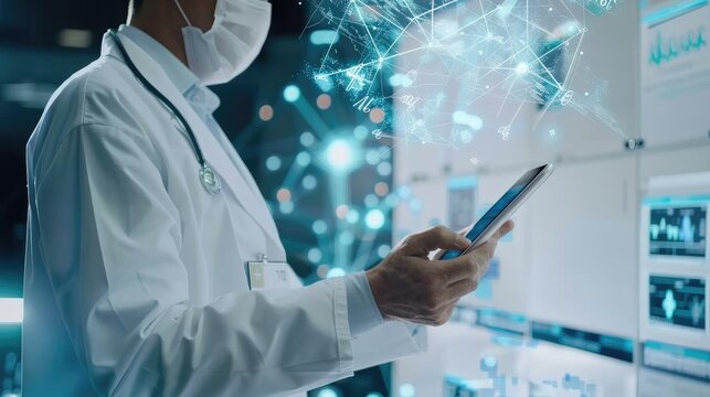 Medical technology, online health, global health network and tourism concept. Doctor using digital tablet and laptop computer with medical technology internet network connection, digital technology