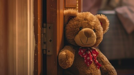 A charming brown Teddy bear playfully hides behind the door ready to surprise and celebrate a...