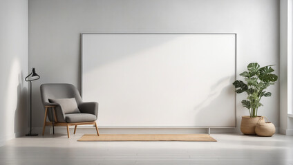 A large black horizontal white picture frame on the wall, empty frame modern white interior background