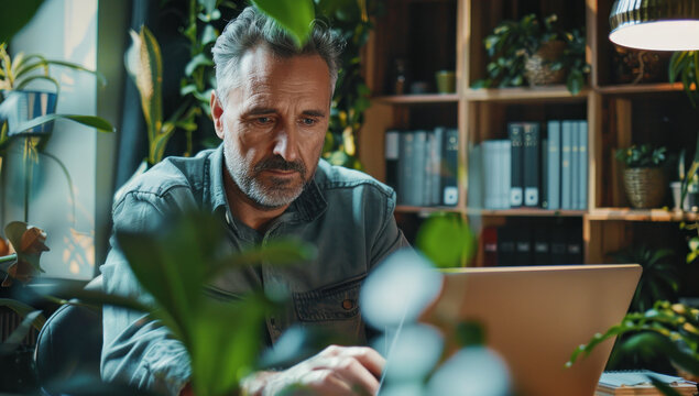 man working at his laptop in his home office
