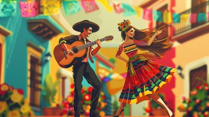 Mexican musician plays guitar and beautiful girl dancing on city fiesta. Spanish Heritage month, Hispanic and Latino Americans culture, tradition and art heritage