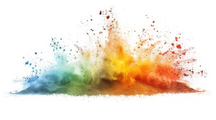 Dry Soil explosion with dirt and cloud smoke. Isolated on white background. Rainbow Dirty ground abstract spread with flying particles