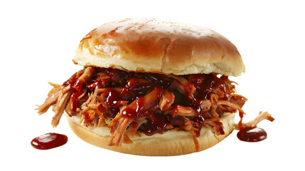  A pulled pork sandwich, piled high with tender, slow-cooked pork, drizzled with barbecue sauce, and served on a toasted, transparent background