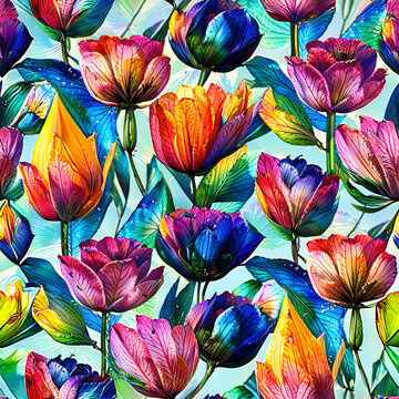 Seamlesss colorful tulips pattern on turquoise background, realistic style. Generative ai