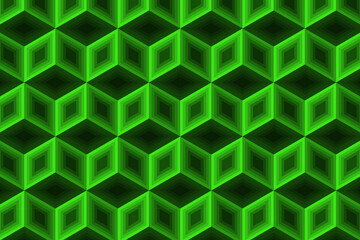 Abstract cube pattern on green background. Isometric, 3d space looks like optical illusion