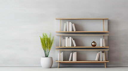 illustration of a wooden bookshelf in front of gray wall