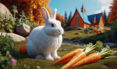 Hare in the vegetable garden on the background of carrots, White hare eating carrots.