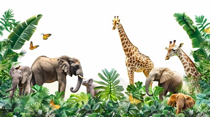 jungle frame animals, illustration African safari animals in tropical leaves, Cartoon