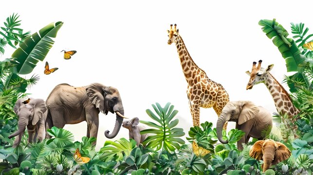 Fototapeta jungle frame animals, illustration African safari animals in tropical leaves, Cartoon