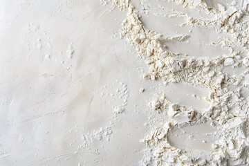 Flour is scattered and spread across a textured white background, creating a messy yet artistic look