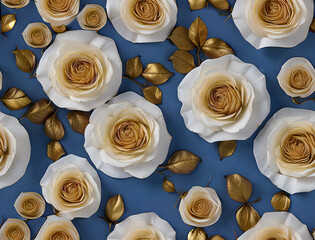 White roses and golden leaves seamless pattern, luxury wallpaper design. Generative ai