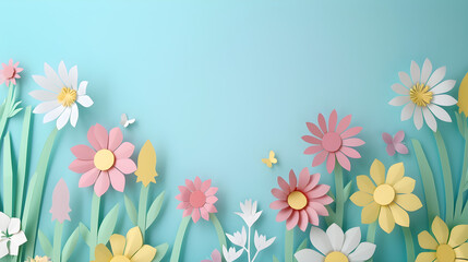 Obraz premium Spring flowers in paper cut style with copy space, ideal for seasonal decoration and nature-themed events.