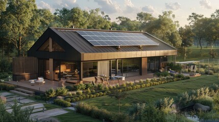 New modern eco friendly passive house with a photovoltaic system on the roof and landscaped yard. Solar panels on the gable roof