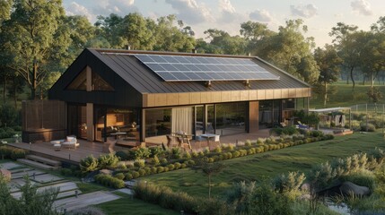 Obraz premium New modern eco friendly passive house with a photovoltaic system on the roof and landscaped yard. Solar panels on the gable roof