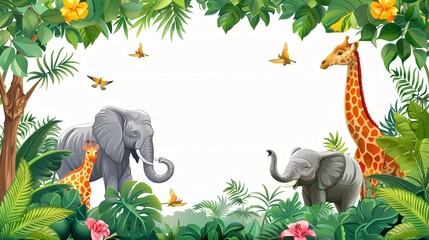 jungle frame animals, illustration African safari animals in tropical leaves, Cartoon
