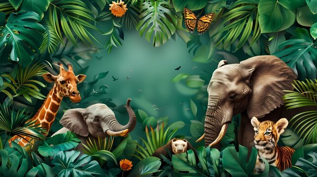 Fototapeta jungle frame animals, illustration African safari animals in tropical leaves, Cartoon